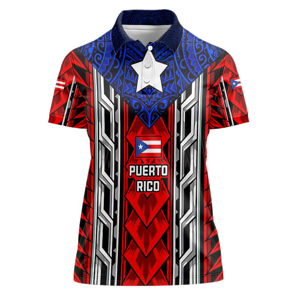 Puerto Rico Women Polo Shirt with Tribal Patterns, Flag Emblem, and Taino Symbol Design