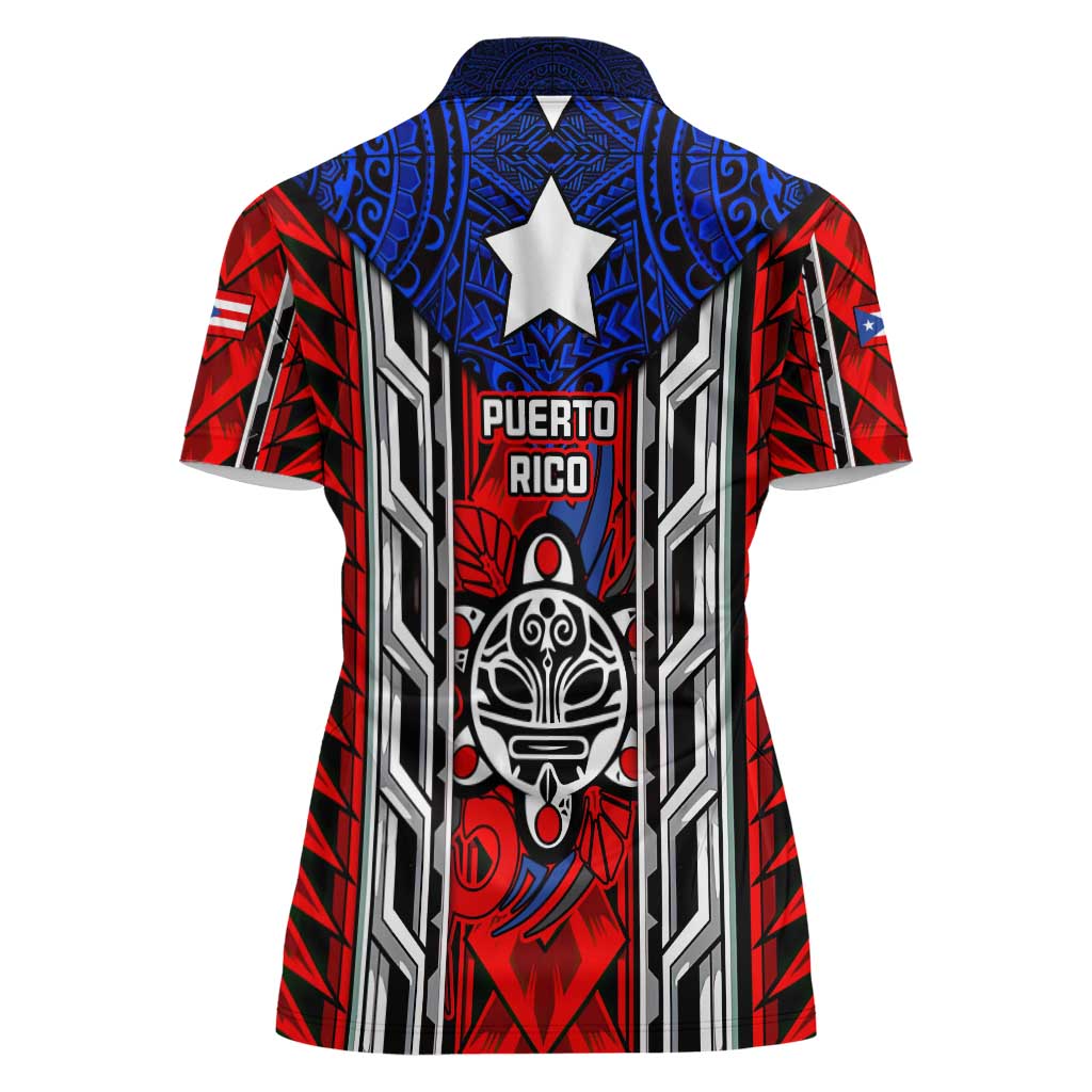 Puerto Rico Women Polo Shirt with Tribal Patterns, Flag Emblem, and Taino Symbol Design