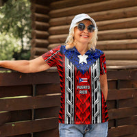 Puerto Rico Women Polo Shirt with Tribal Patterns, Flag Emblem, and Taino Symbol Design