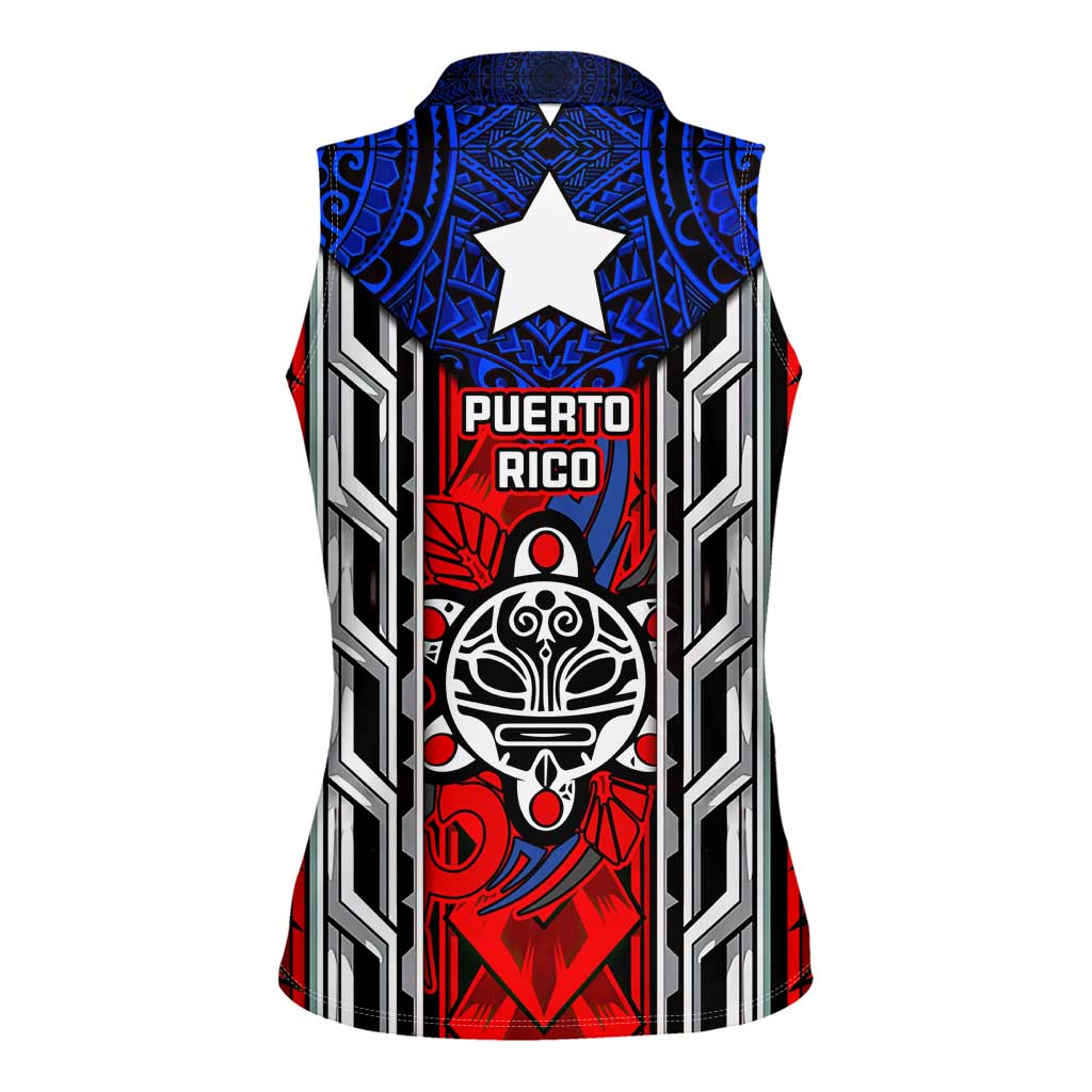Puerto Rico Women Sleeveless Polo Shirt with Tribal Patterns, Flag Emblem, and Taino Symbol Design