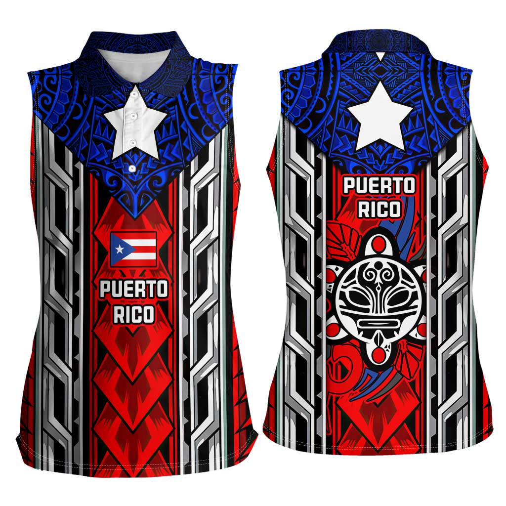 Puerto Rico Women Sleeveless Polo Shirt with Tribal Patterns, Flag Emblem, and Taino Symbol Design