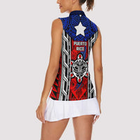Puerto Rico Women Sleeveless Polo Shirt with Tribal Patterns, Flag Emblem, and Taino Symbol Design
