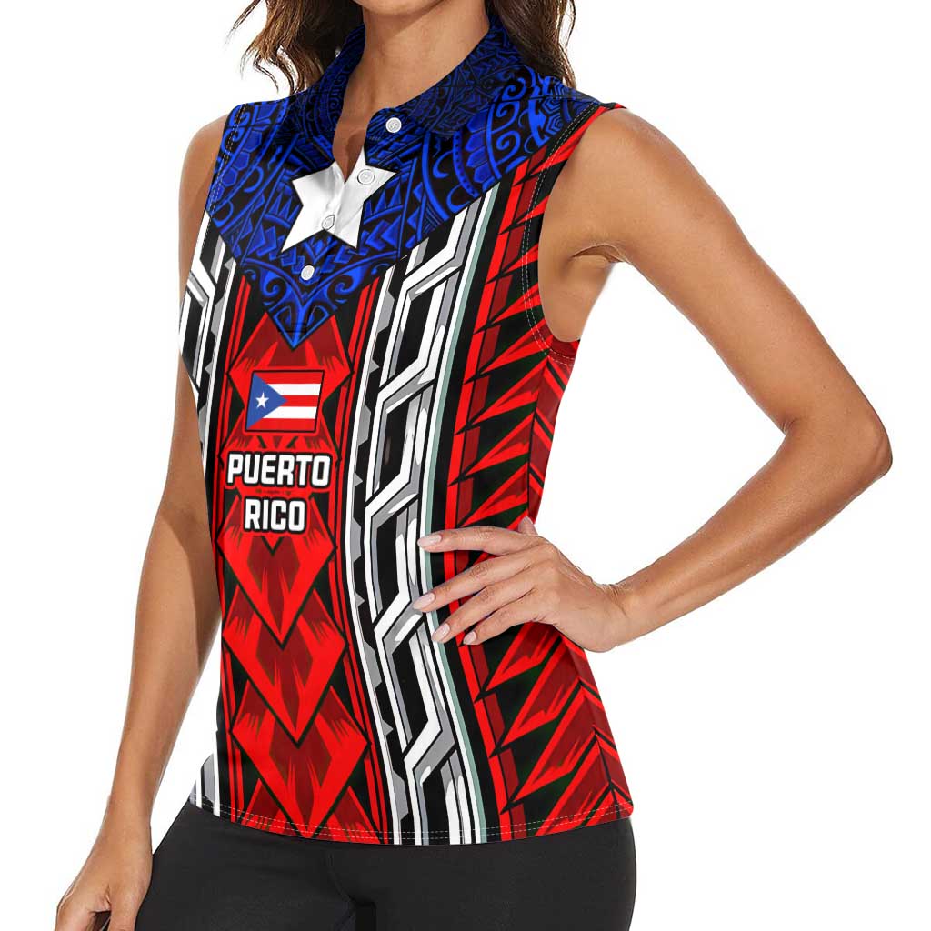 Puerto Rico Women Sleeveless Polo Shirt with Tribal Patterns, Flag Emblem, and Taino Symbol Design