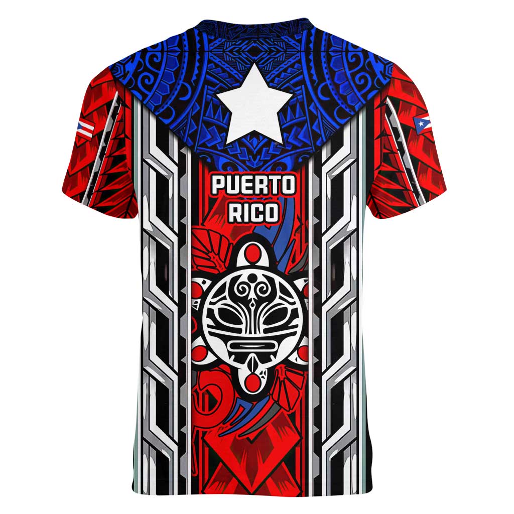 Puerto Rico Women V-Neck T-Shirt with Tribal Patterns, Flag Emblem, and Taino Symbol Design