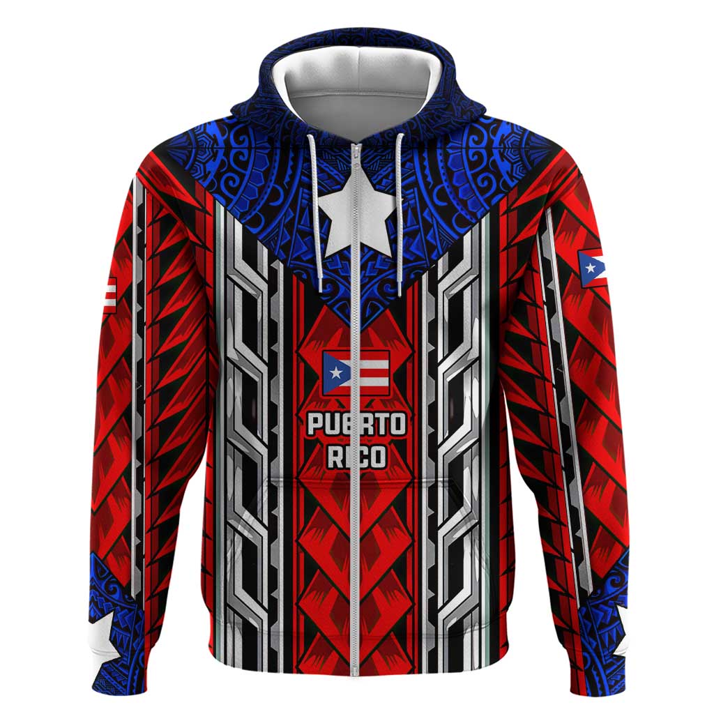 Puerto Rico Zip Hoodie with Tribal Patterns, Flag Emblem, and Taino Symbol Design