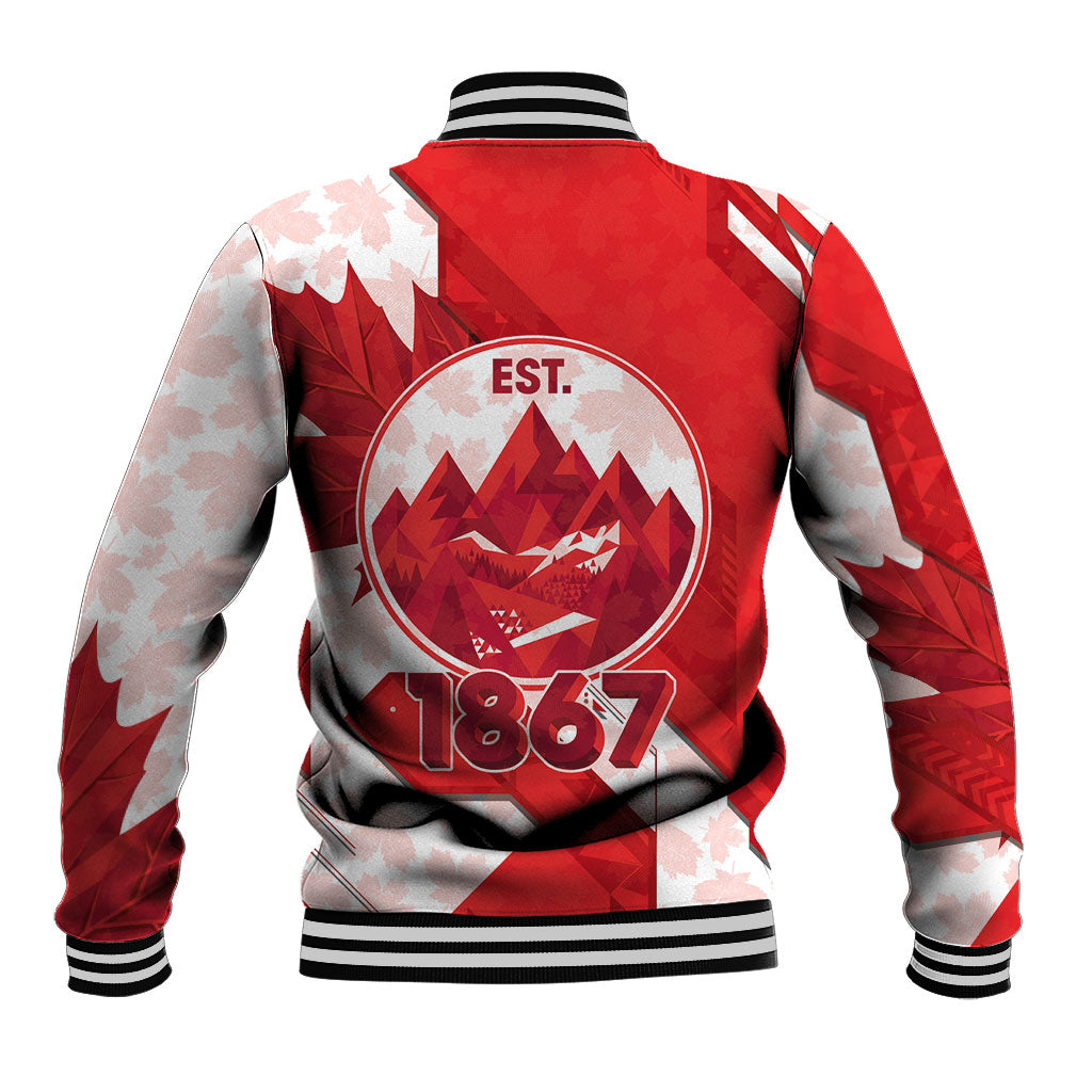 Canada Day Patriotic Maple Leaf Baseball Jacket Geometric Rocky Mountain Art Heritage 1867 Graphic