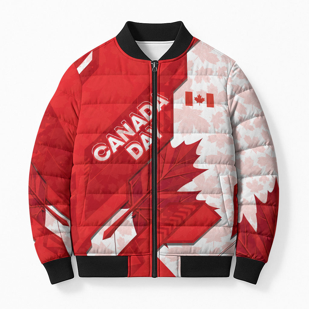 Canada Day Patriotic Maple Leaf Bomber Puffer Jacket Geometric Rocky Mountain Art Heritage 1867 Graphic