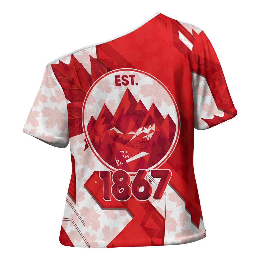 Canada Day Patriotic Maple Leaf Cross Shoulder Shirt Geometric Rocky Mountain Art Heritage 1867 Graphic
