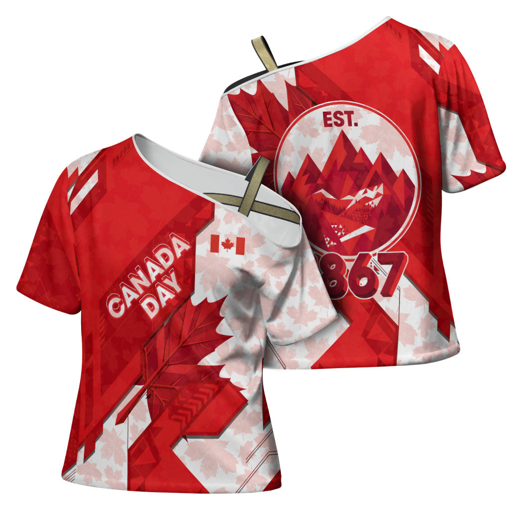 Canada Day Patriotic Maple Leaf Cross Shoulder Shirt Geometric Rocky Mountain Art Heritage 1867 Graphic