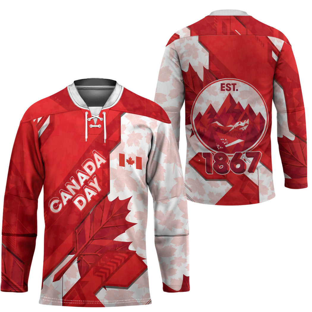 Canada Day Patriotic Maple Leaf Hockey Jersey Geometric Rocky Mountain Art Heritage 1867 Graphic