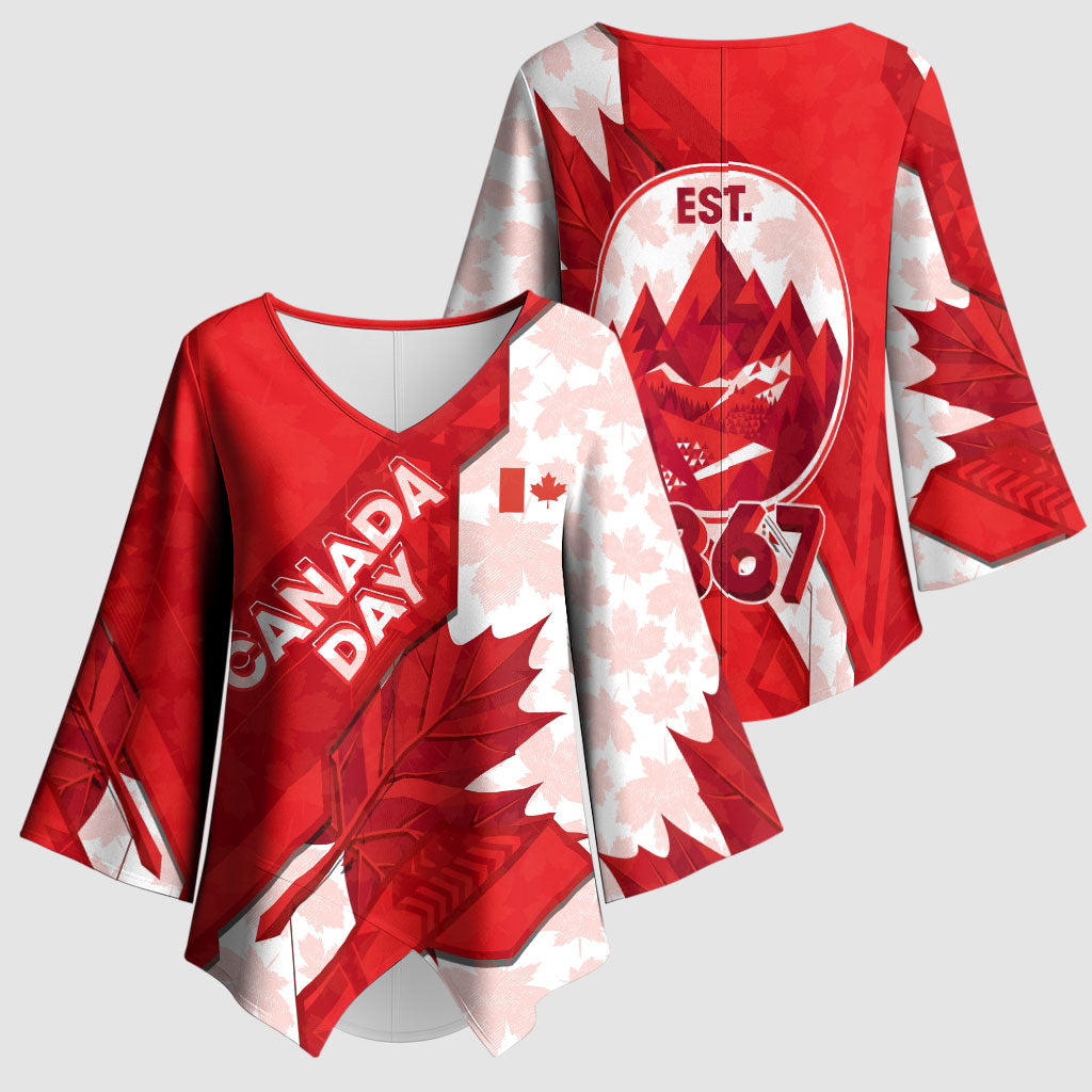 Canada Day Patriotic Maple Leaf Kimono Sleeve Blouse Geometric Rocky Mountain Art Heritage 1867 Graphic