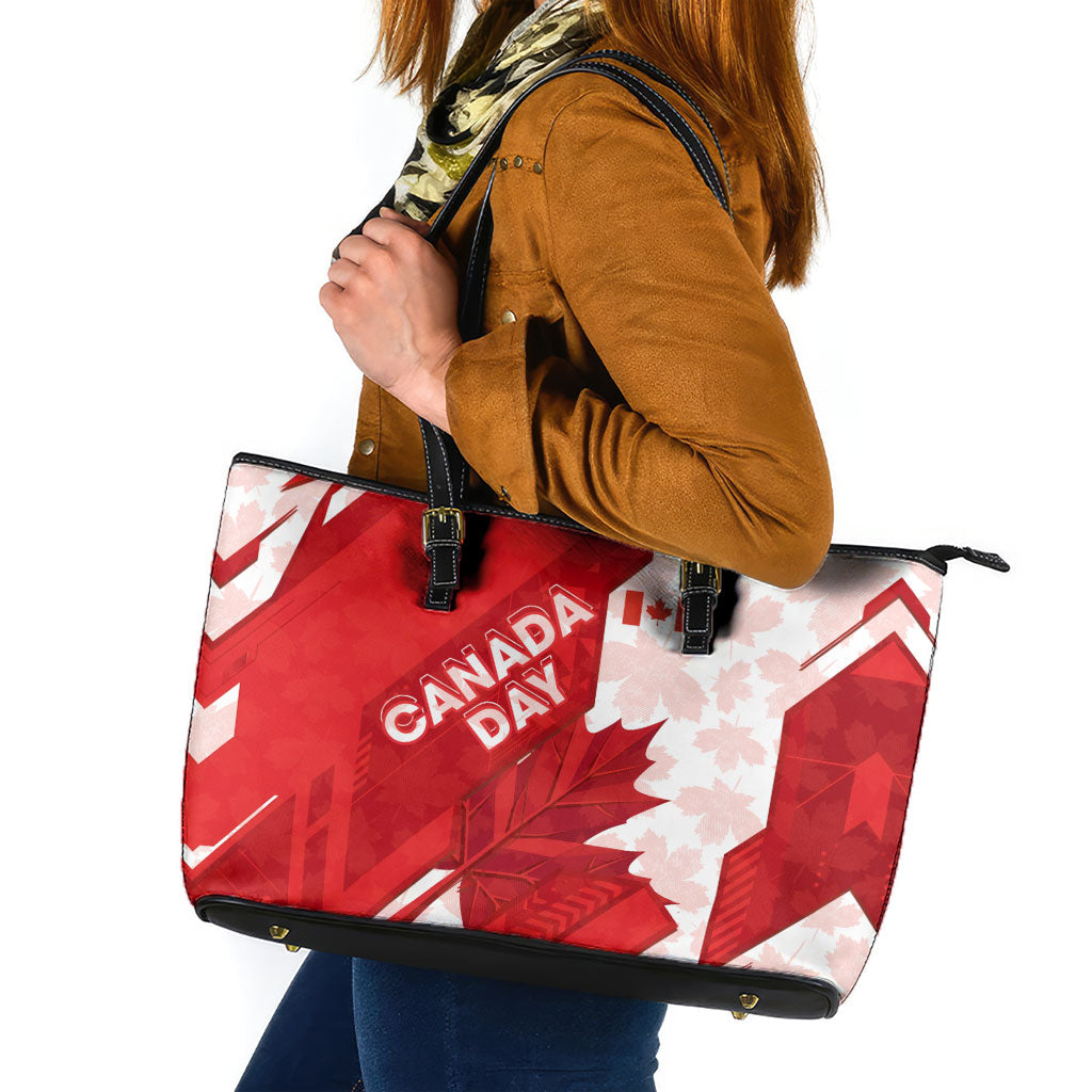 Canada Day Patriotic Maple Leaf Leather Tote Bag Geometric Rocky Mountain Art Heritage 1867 Graphic