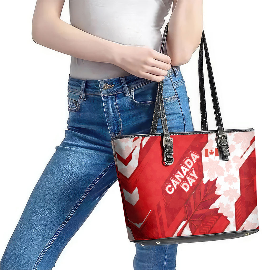 Canada Day Patriotic Maple Leaf Leather Tote Bag Geometric Rocky Mountain Art Heritage 1867 Graphic