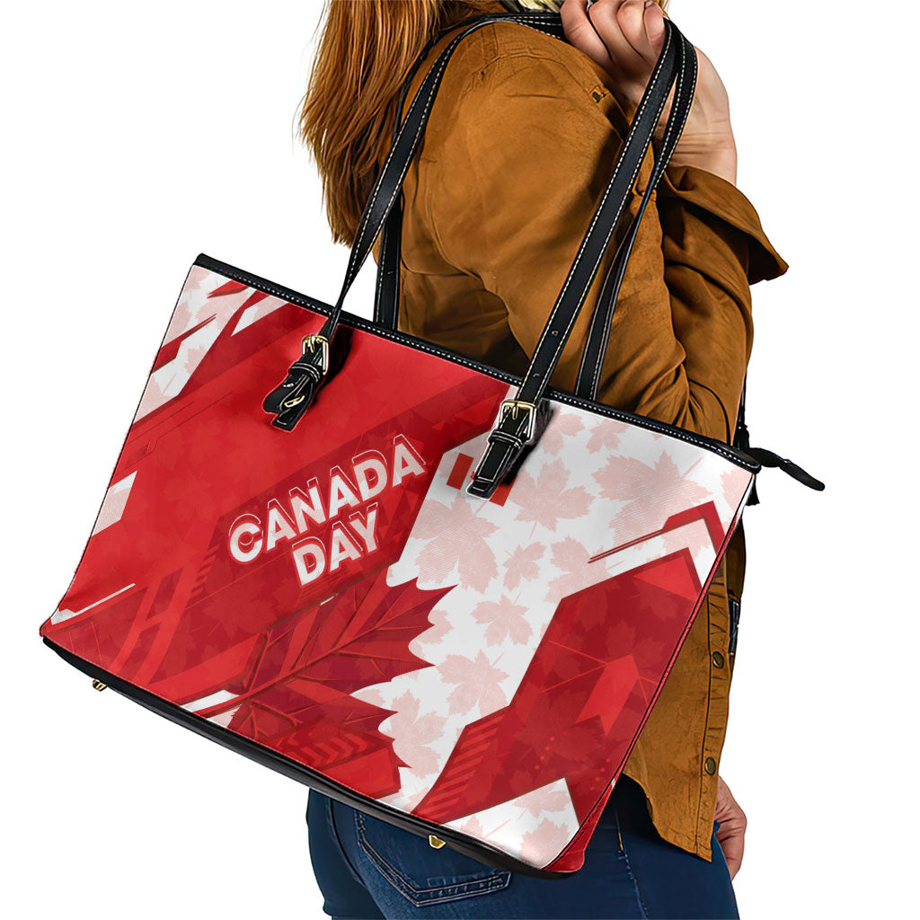 Canada Day Patriotic Maple Leaf Leather Tote Bag Geometric Rocky Mountain Art Heritage 1867 Graphic