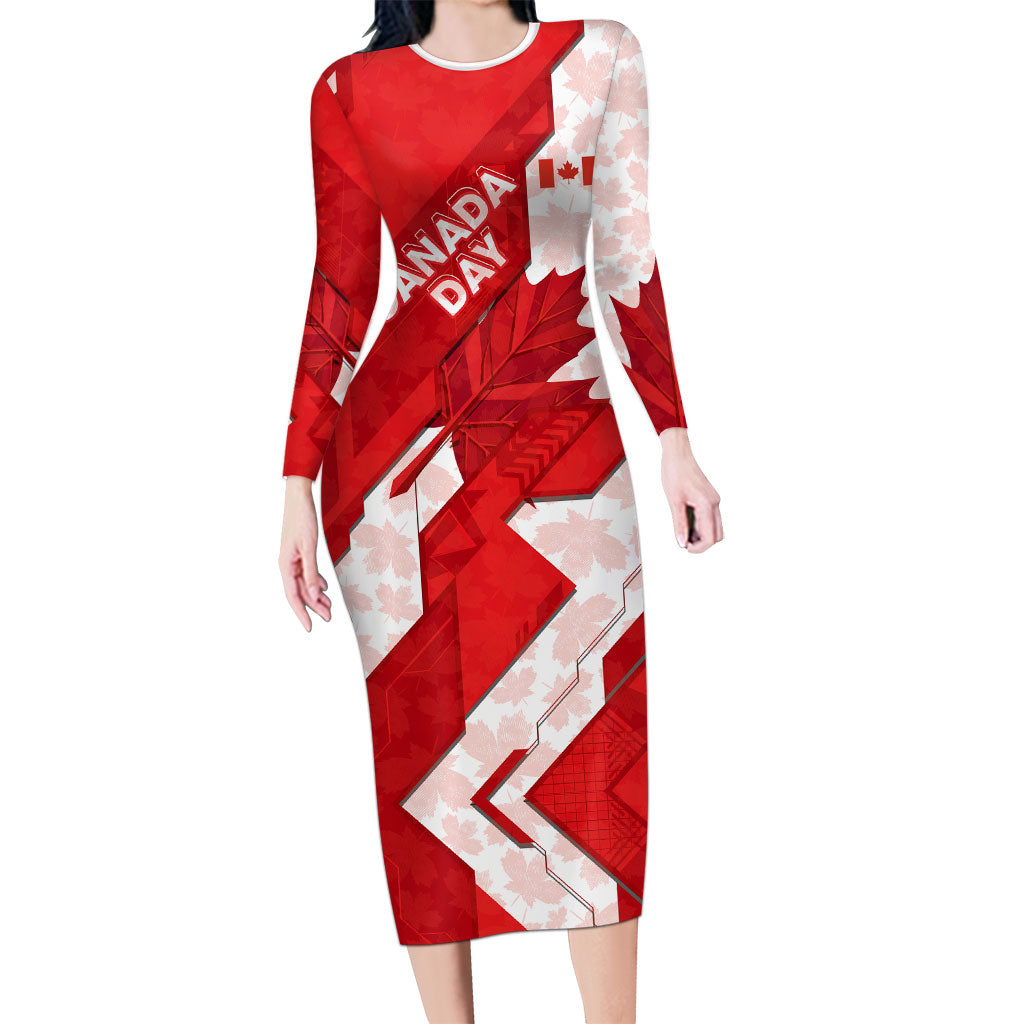 Canada Day Patriotic Maple Leaf Long Sleeve Bodycon Dress Geometric Rocky Mountain Art Heritage 1867 Graphic