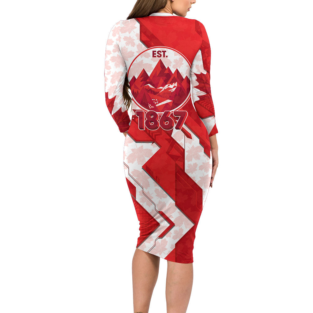 Canada Day Patriotic Maple Leaf Long Sleeve Bodycon Dress Geometric Rocky Mountain Art Heritage 1867 Graphic