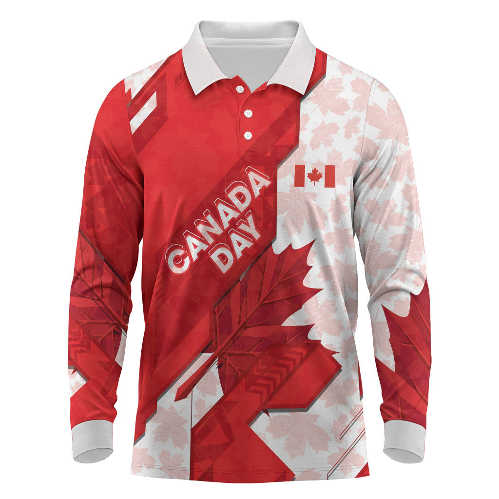 Canada Day Patriotic Maple Leaf Long Sleeve Polo Shirt Geometric Rocky Mountain Art Heritage 1867 Graphic