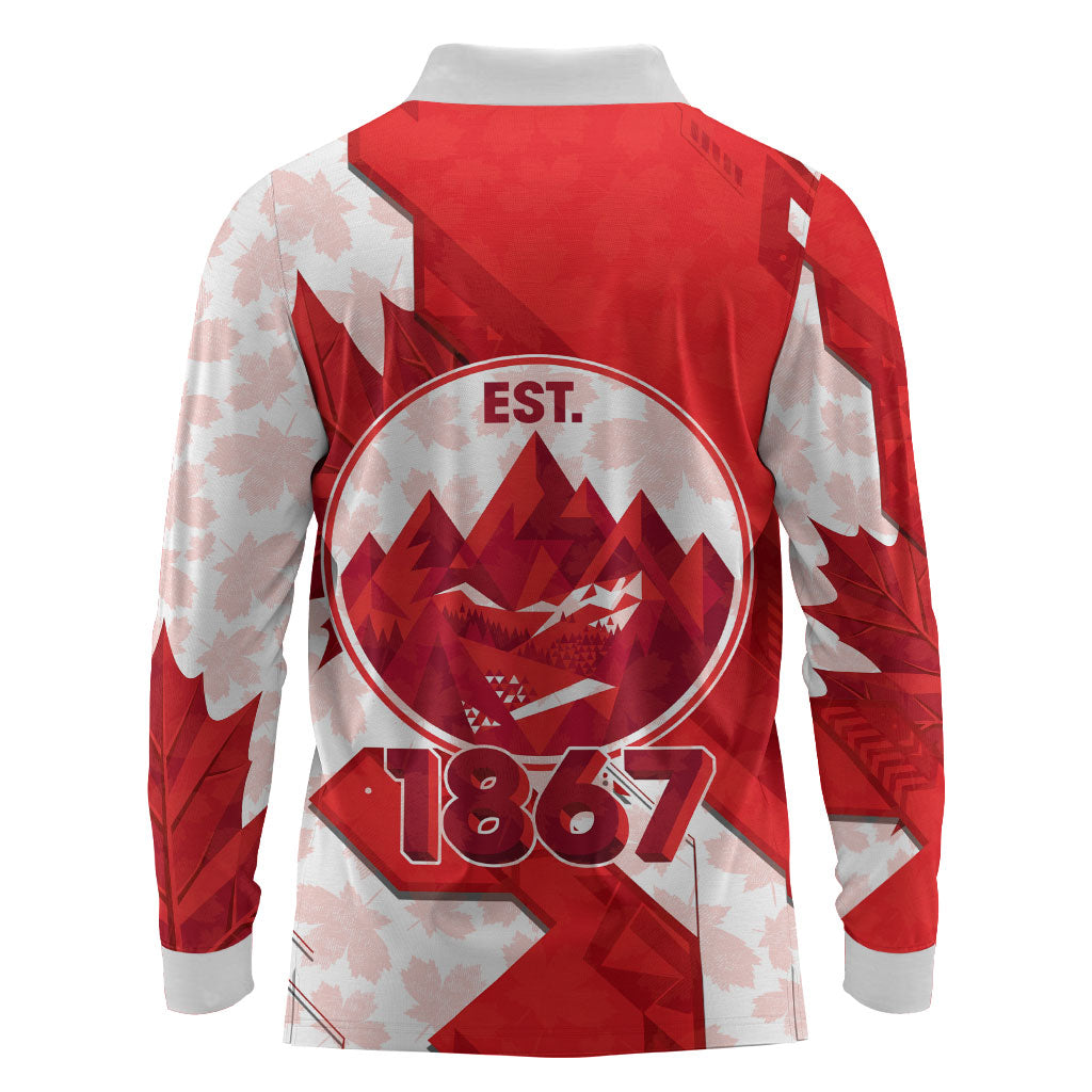 Canada Day Patriotic Maple Leaf Long Sleeve Polo Shirt Geometric Rocky Mountain Art Heritage 1867 Graphic