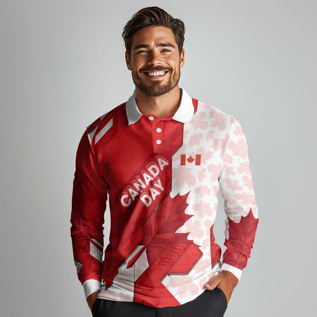 Canada Day Patriotic Maple Leaf Long Sleeve Polo Shirt Geometric Rocky Mountain Art Heritage 1867 Graphic