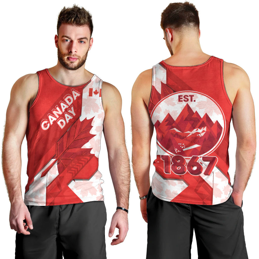 Canada Day Patriotic Maple Leaf Men Tank Top Geometric Rocky Mountain Art Heritage 1867 Graphic