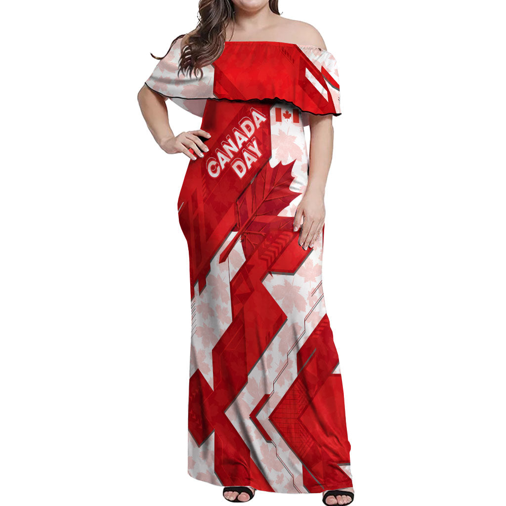 Canada Day Patriotic Maple Leaf Off Shoulder Maxi Dress Geometric Rocky Mountain Art Heritage 1867 Graphic
