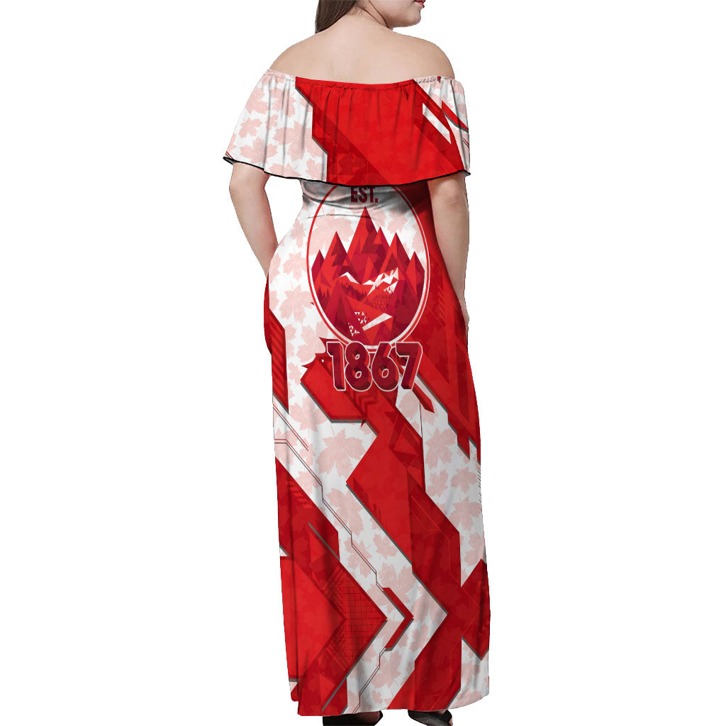 Canada Day Patriotic Maple Leaf Off Shoulder Maxi Dress Geometric Rocky Mountain Art Heritage 1867 Graphic