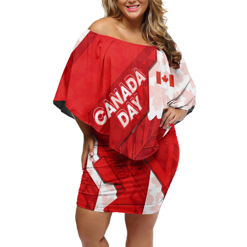 Canada Day Patriotic Maple Leaf Off Shoulder Short Dress Geometric Rocky Mountain Art Heritage 1867 Graphic