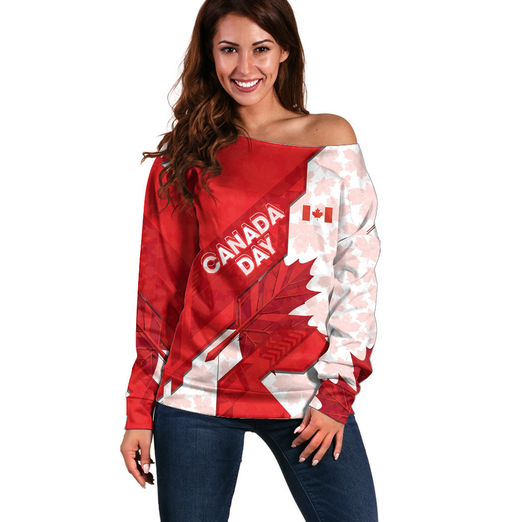Canada Day Patriotic Maple Leaf Off Shoulder Sweater Geometric Rocky Mountain Art Heritage 1867 Graphic