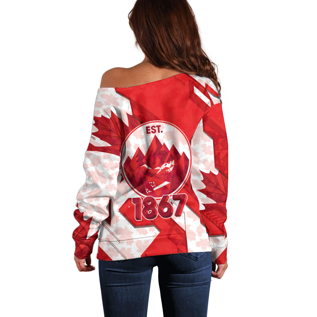 Canada Day Patriotic Maple Leaf Off Shoulder Sweater Geometric Rocky Mountain Art Heritage 1867 Graphic