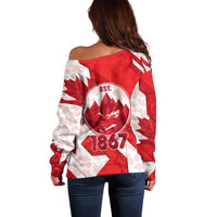Canada Day Patriotic Maple Leaf Off Shoulder Sweater Geometric Rocky Mountain Art Heritage 1867 Graphic