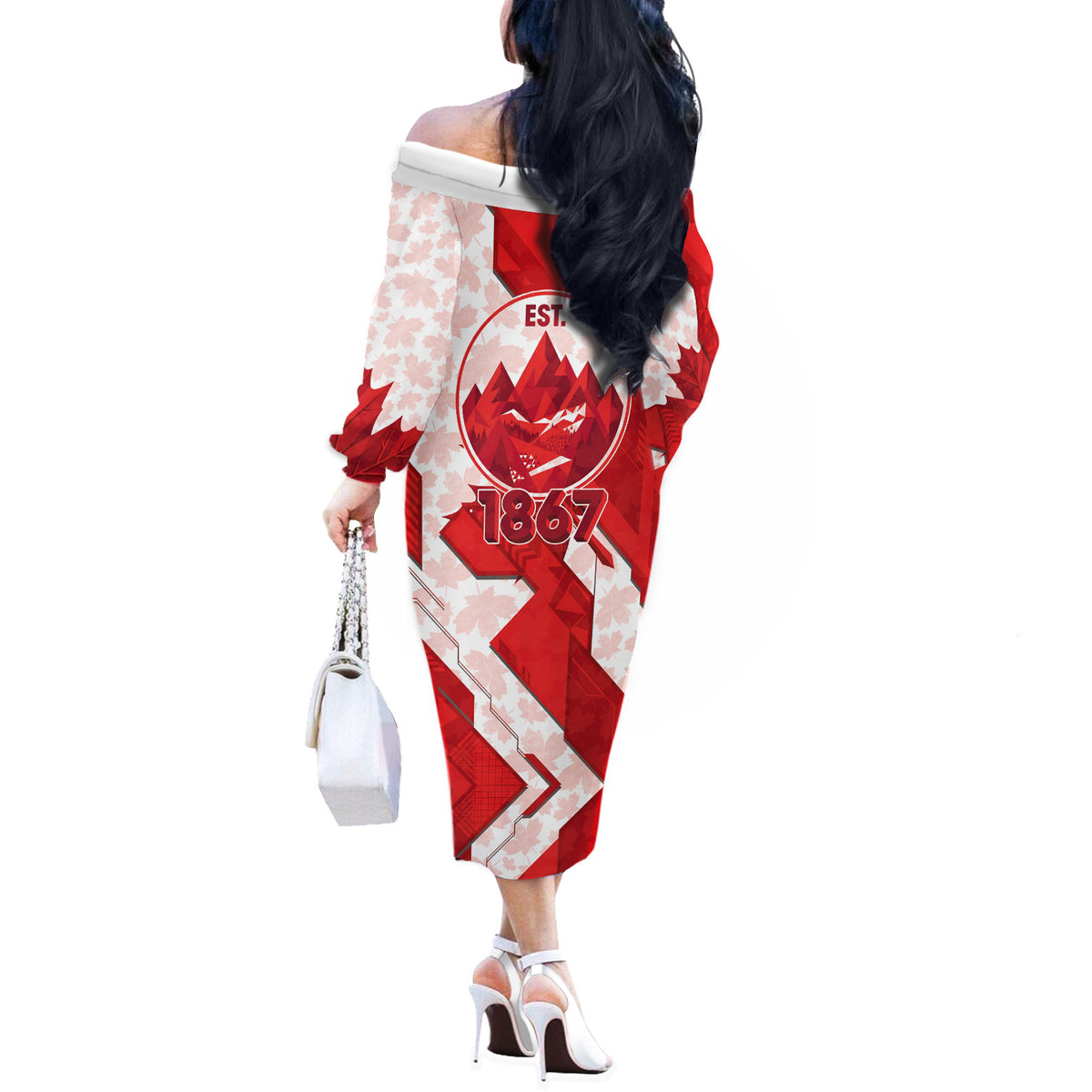 Canada Day Patriotic Maple Leaf Off The Shoulder Long Sleeve Dress Geometric Rocky Mountain Art Heritage 1867 Graphic