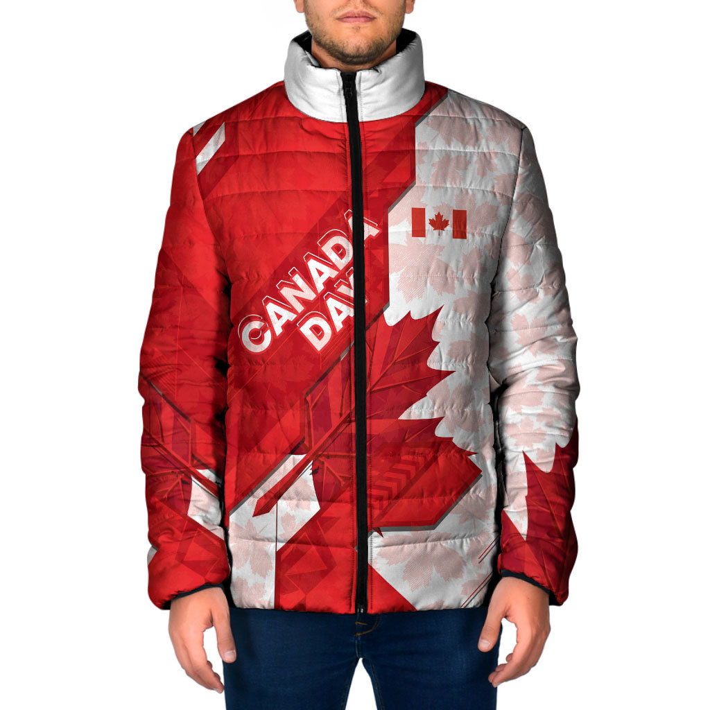 Canada Day Patriotic Maple Leaf Padded Jacket Geometric Rocky Mountain Art Heritage 1867 Graphic