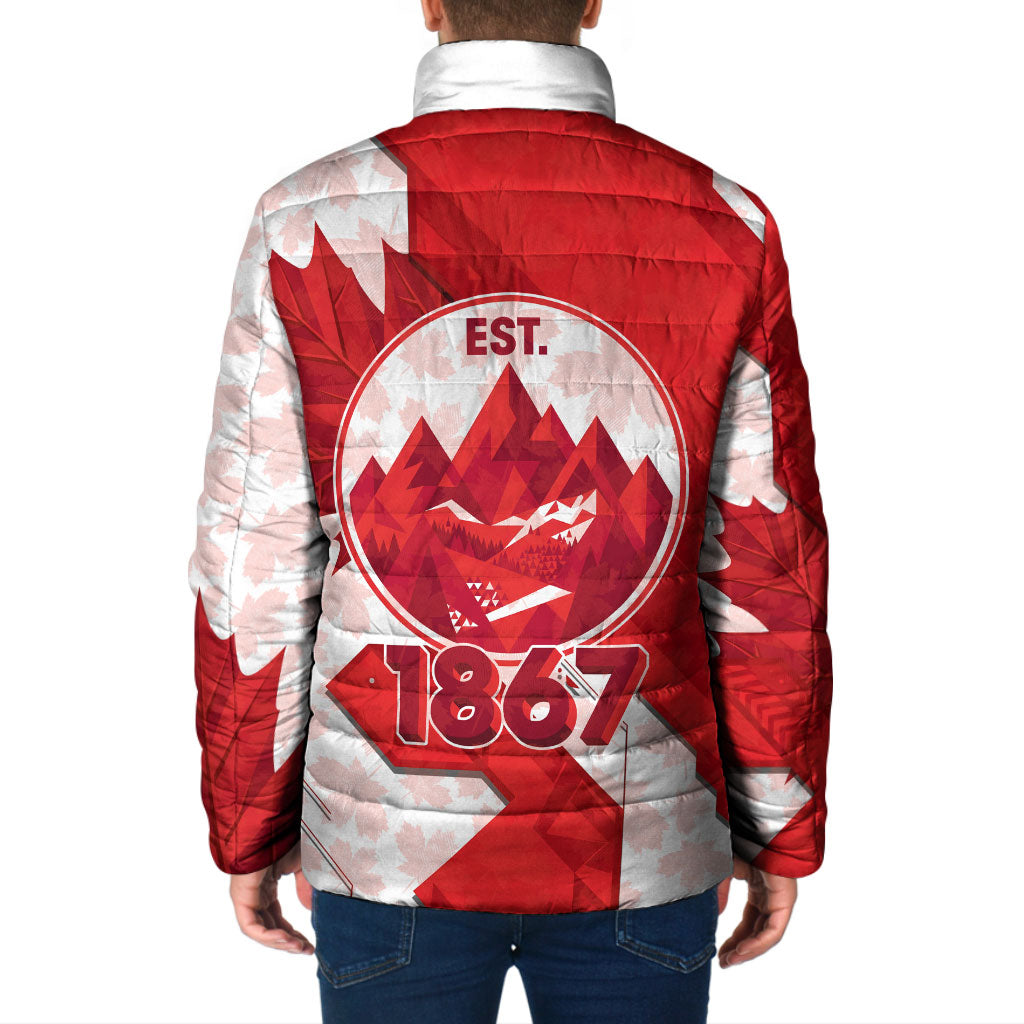 Canada Day Patriotic Maple Leaf Padded Jacket Geometric Rocky Mountain Art Heritage 1867 Graphic