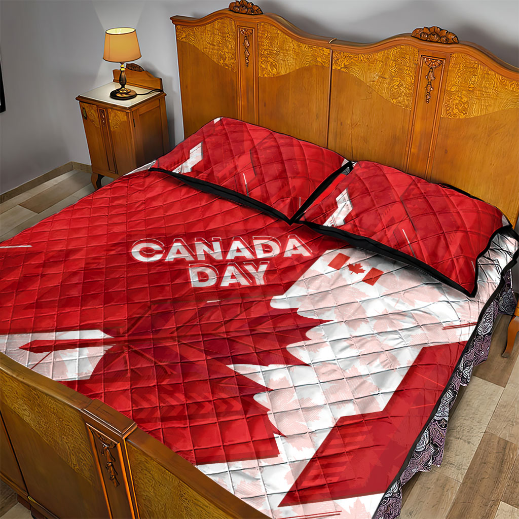 Canada Day Patriotic Maple Leaf Quilt Bed Set Geometric Rocky Mountain Art Heritage 1867 Graphic