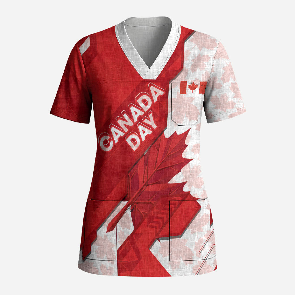 Canada Day Patriotic Maple Leaf Scrub Top Geometric Rocky Mountain Art Heritage 1867 Graphic