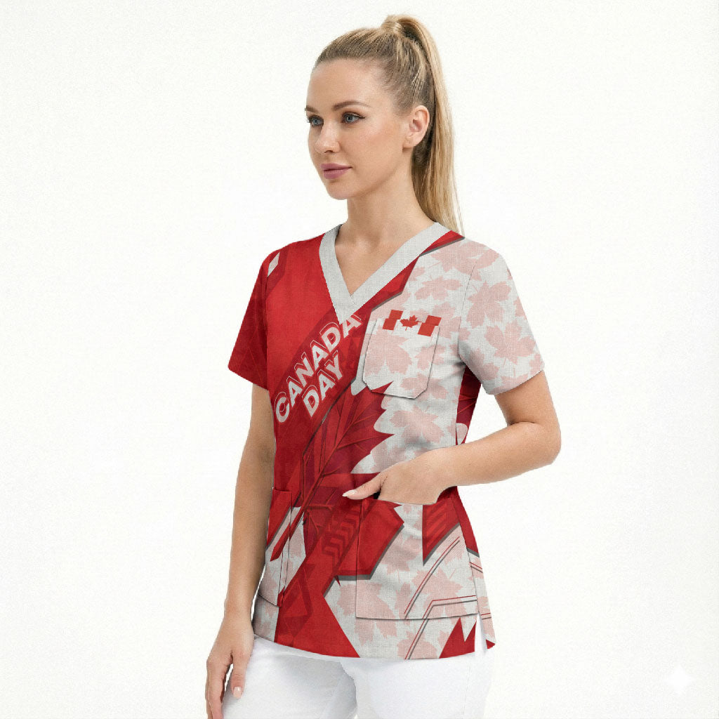 Canada Day Patriotic Maple Leaf Scrub Top Geometric Rocky Mountain Art Heritage 1867 Graphic