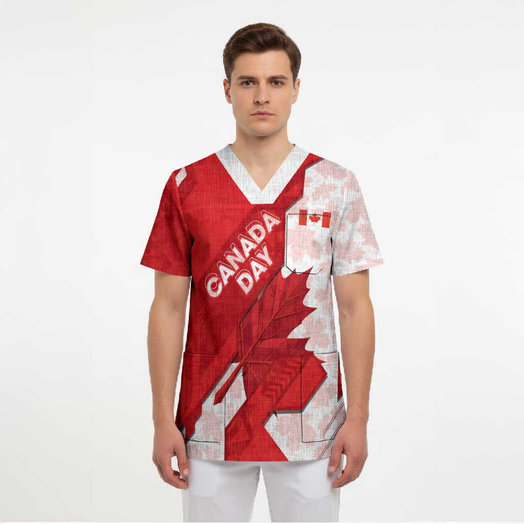 Canada Day Patriotic Maple Leaf Scrub Top Geometric Rocky Mountain Art Heritage 1867 Graphic
