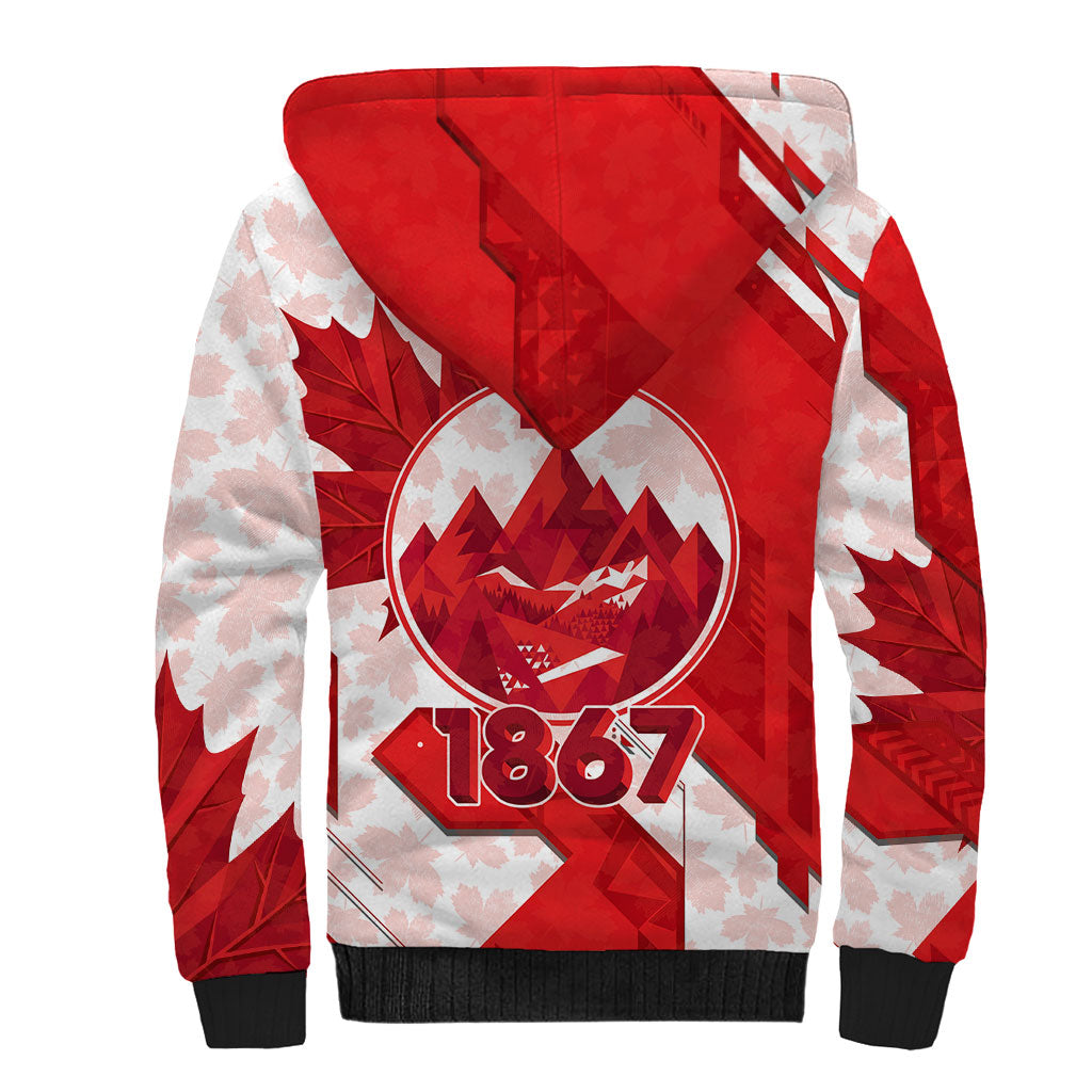 Canada Day Patriotic Maple Leaf Sherpa Hoodie Geometric Rocky Mountain Art Heritage 1867 Graphic