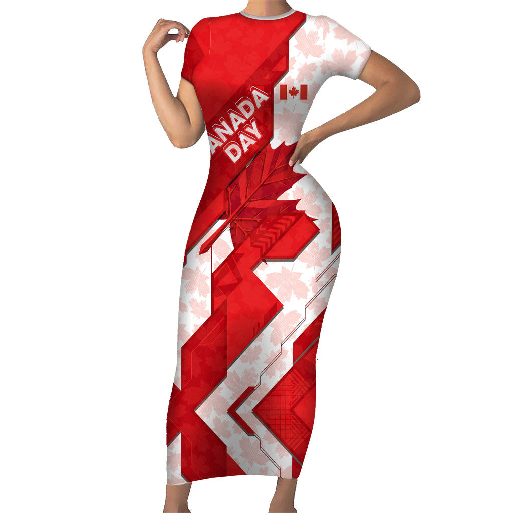 Canada Day Patriotic Maple Leaf Short Sleeve Bodycon Dress Geometric Rocky Mountain Art Heritage 1867 Graphic