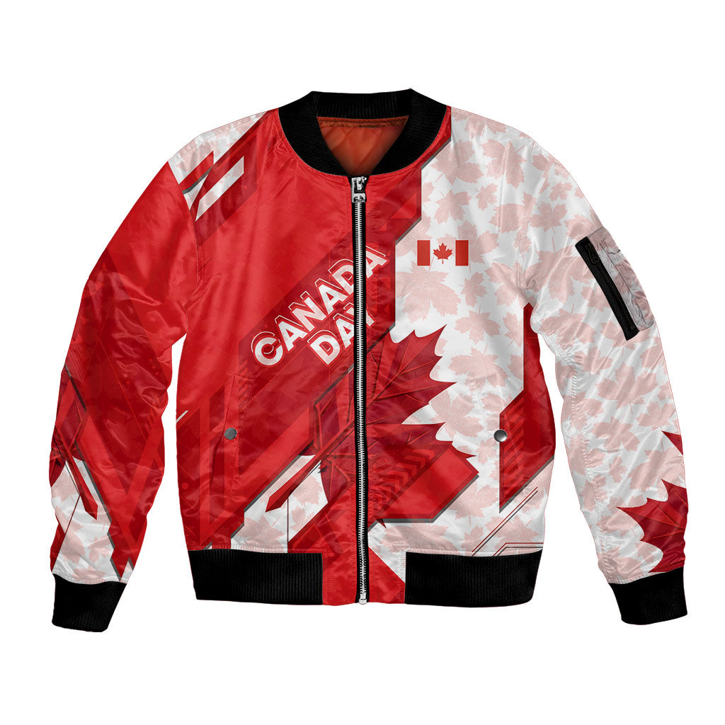 Canada Day Patriotic Maple Leaf Sleeve Zip Bomber Jacket Geometric Rocky Mountain Art Heritage 1867 Graphic