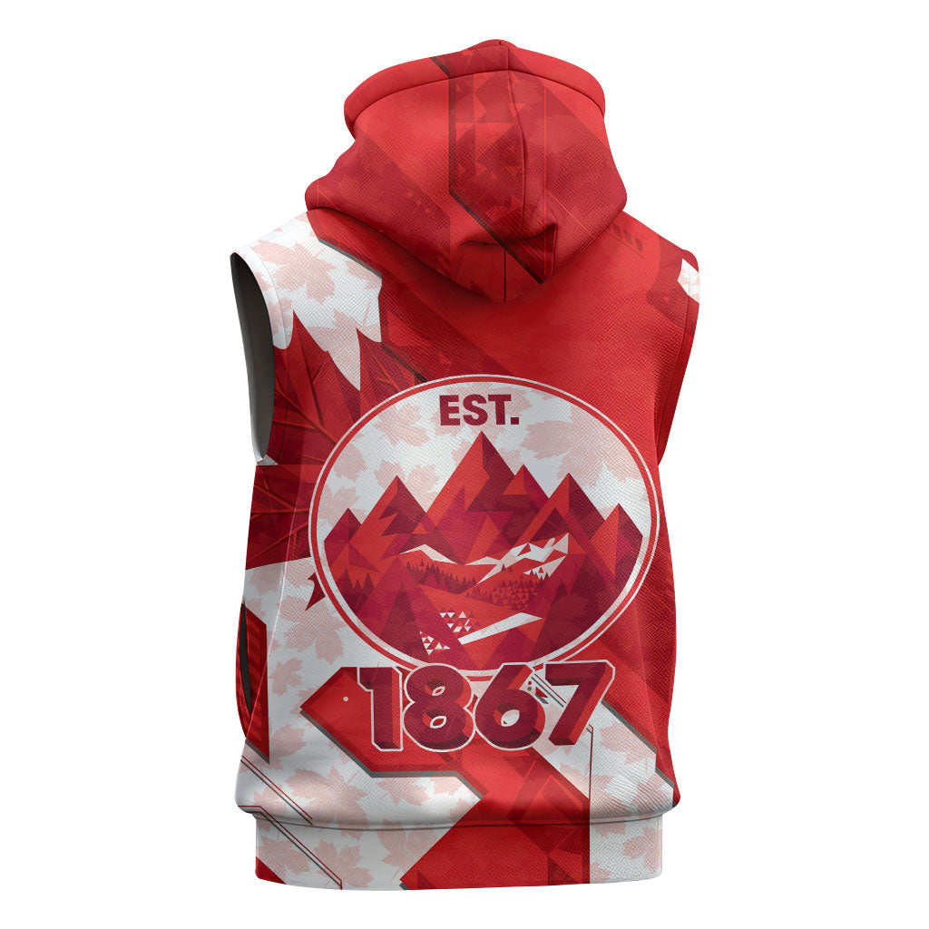 Canada Day Patriotic Maple Leaf Sleeveless Hoodie Geometric Rocky Mountain Art Heritage 1867 Graphic