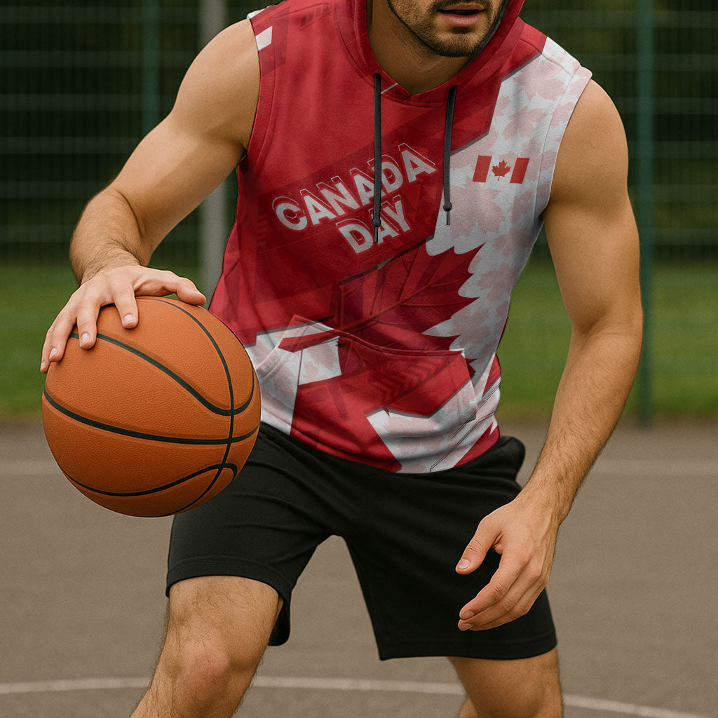 Canada Day Patriotic Maple Leaf Sleeveless Hoodie Geometric Rocky Mountain Art Heritage 1867 Graphic