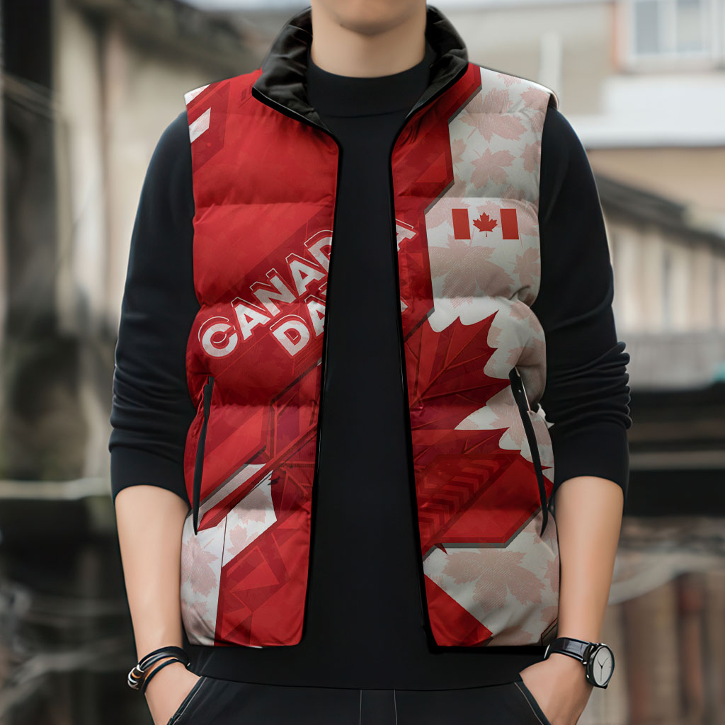 Canada Day Patriotic Maple Leaf Sleeveless Puffer Jacket Geometric Rocky Mountain Art Heritage 1867 Graphic