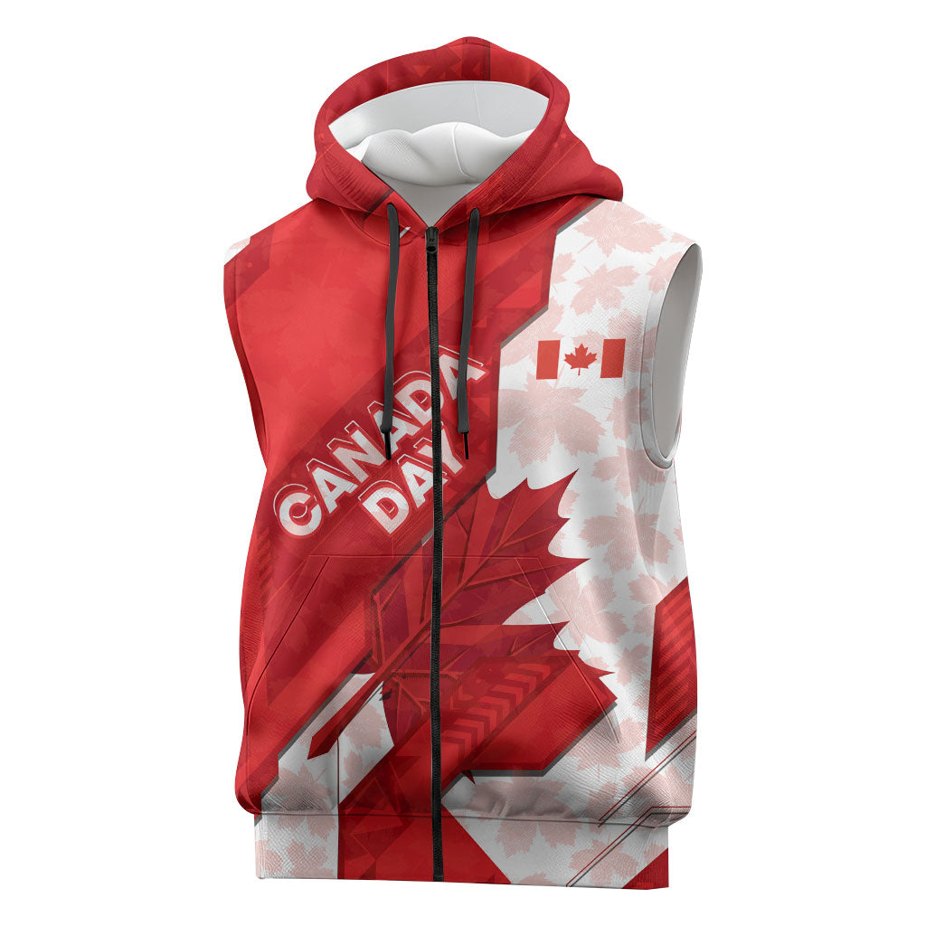 Canada Day Patriotic Maple Leaf Sleeveless Zip Hoodie Geometric Rocky Mountain Art Heritage 1867 Graphic