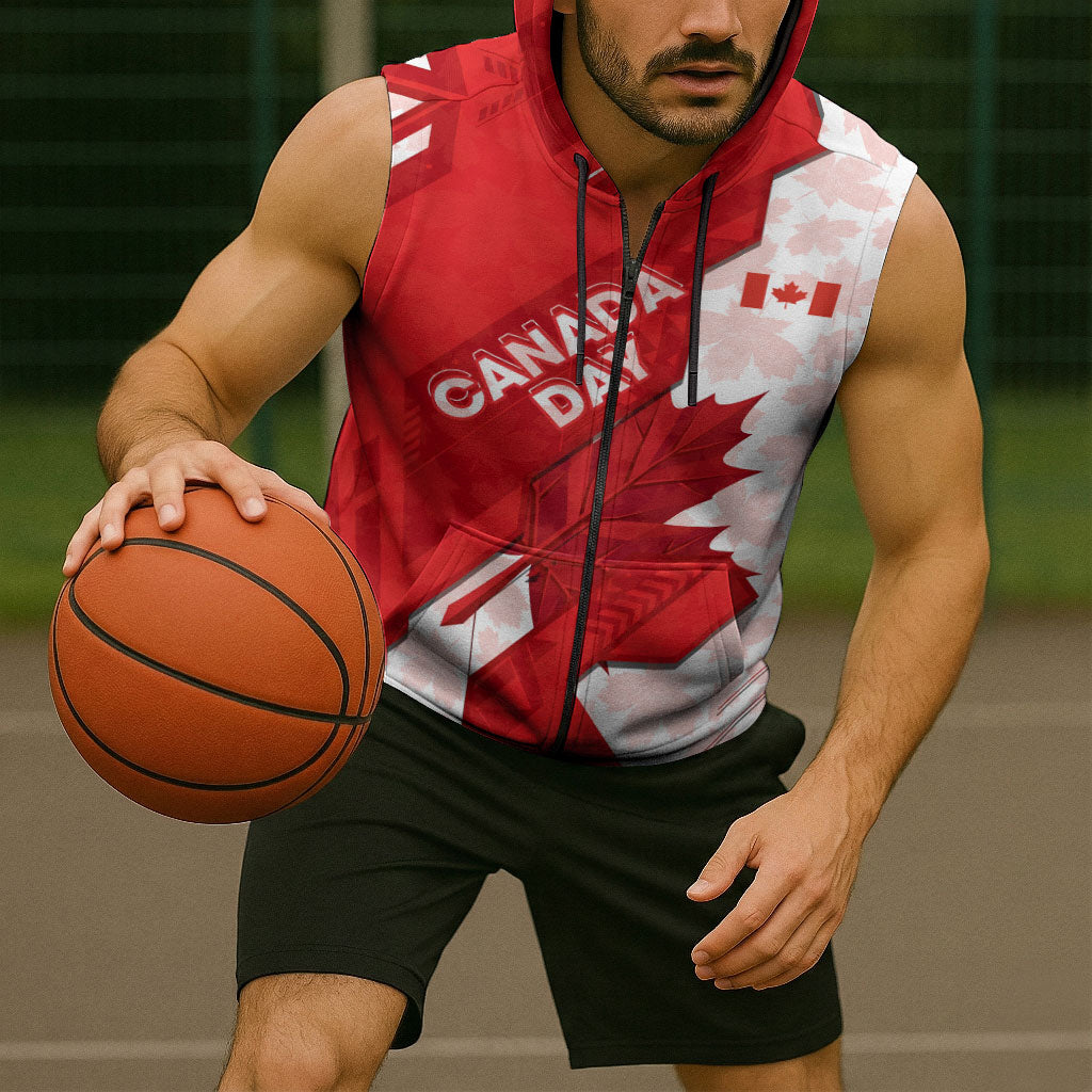 Canada Day Patriotic Maple Leaf Sleeveless Zip Hoodie Geometric Rocky Mountain Art Heritage 1867 Graphic