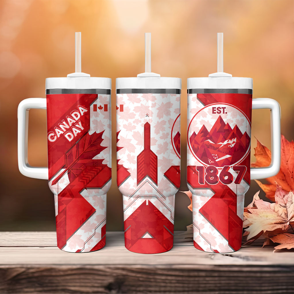 Canada Day Patriotic Maple Leaf Tumbler With Handle Geometric Rocky Mountain Art Heritage 1867 Graphic