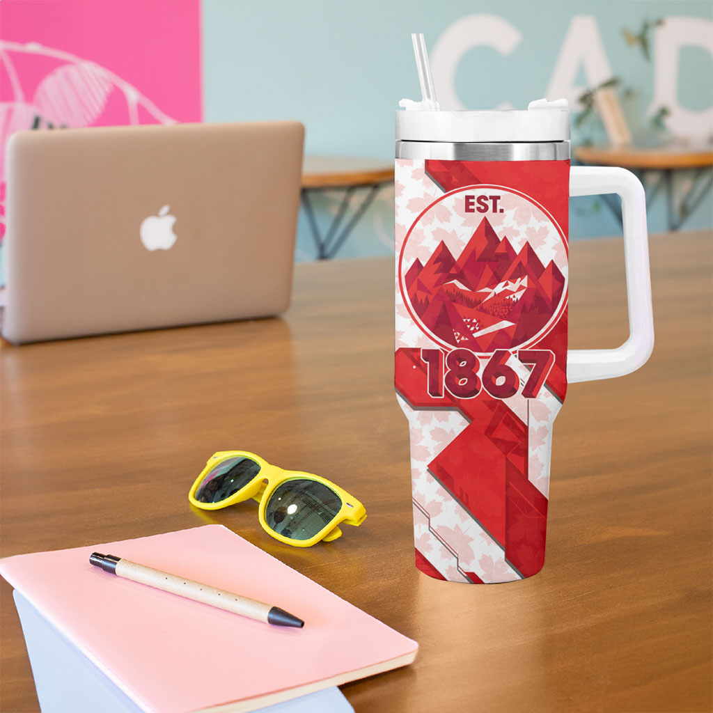 Canada Day Patriotic Maple Leaf Tumbler With Handle Geometric Rocky Mountain Art Heritage 1867 Graphic
