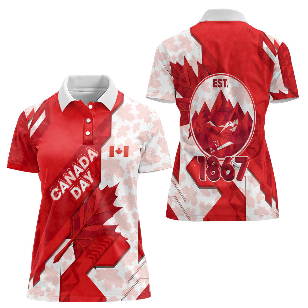 Canada Day Patriotic Maple Leaf Women Polo Shirt Geometric Rocky Mountain Art Heritage 1867 Graphic
