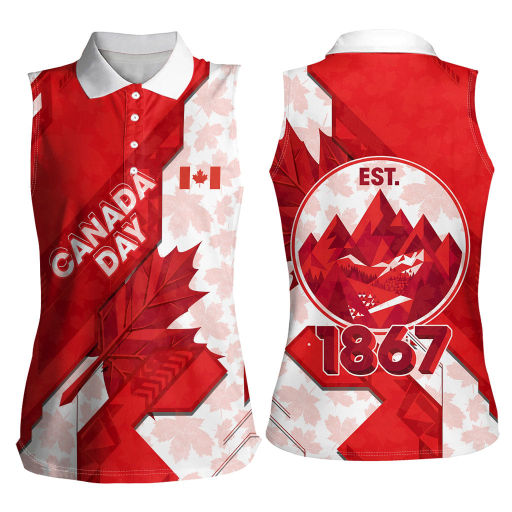 Canada Day Patriotic Maple Leaf Women Sleeveless Polo Shirt Geometric Rocky Mountain Art Heritage 1867 Graphic