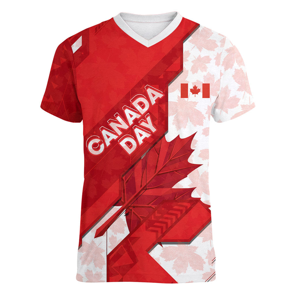 Canada Day Patriotic Maple Leaf Women V-Neck T-Shirt Geometric Rocky Mountain Art Heritage 1867 Graphic